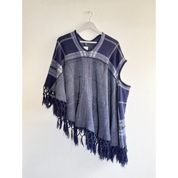 Dressbarn Sweaters - Dressbarn Poncho Scarf Wrap Blue Grey Plaid-One Size Fits Most